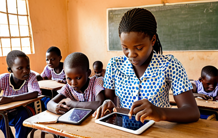 **

A classroom in Burkina Faso, children using tablets for learning, teacher assisting, bright and colourful atmosphere, modern technology integration, promoting digital literacy, focus on engaged students.

**