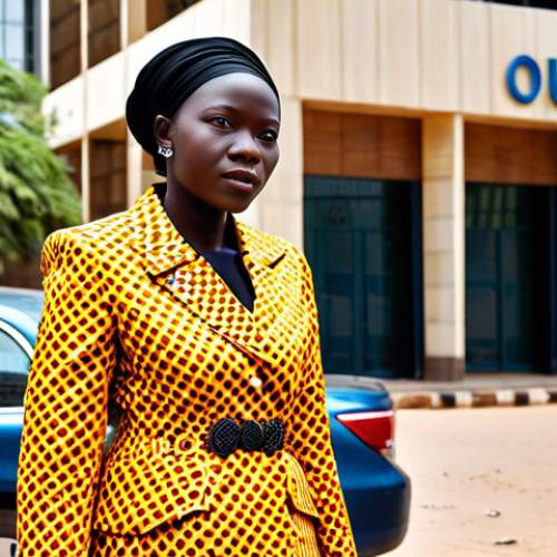 **

A professional Burkinabé woman in a tailored, vibrant Ankara print business suit, standing confidently in front of a modern Ouagadougou office building, fully clothed, appropriate attire, safe for work, perfect anatomy, natural proportions, professional photography, high quality. The background features bustling city life with taxi-motos and people in traditional clothing. Modest and professional dress, well-formed hands, proper finger count, natural body proportions, appropriate content.

**