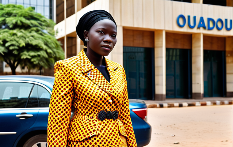 **

A professional Burkinabé woman in a tailored, vibrant Ankara print business suit, standing confidently in front of a modern Ouagadougou office building, fully clothed, appropriate attire, safe for work, perfect anatomy, natural proportions, professional photography, high quality. The background features bustling city life with taxi-motos and people in traditional clothing. Modest and professional dress, well-formed hands, proper finger count, natural body proportions, appropriate content.

**